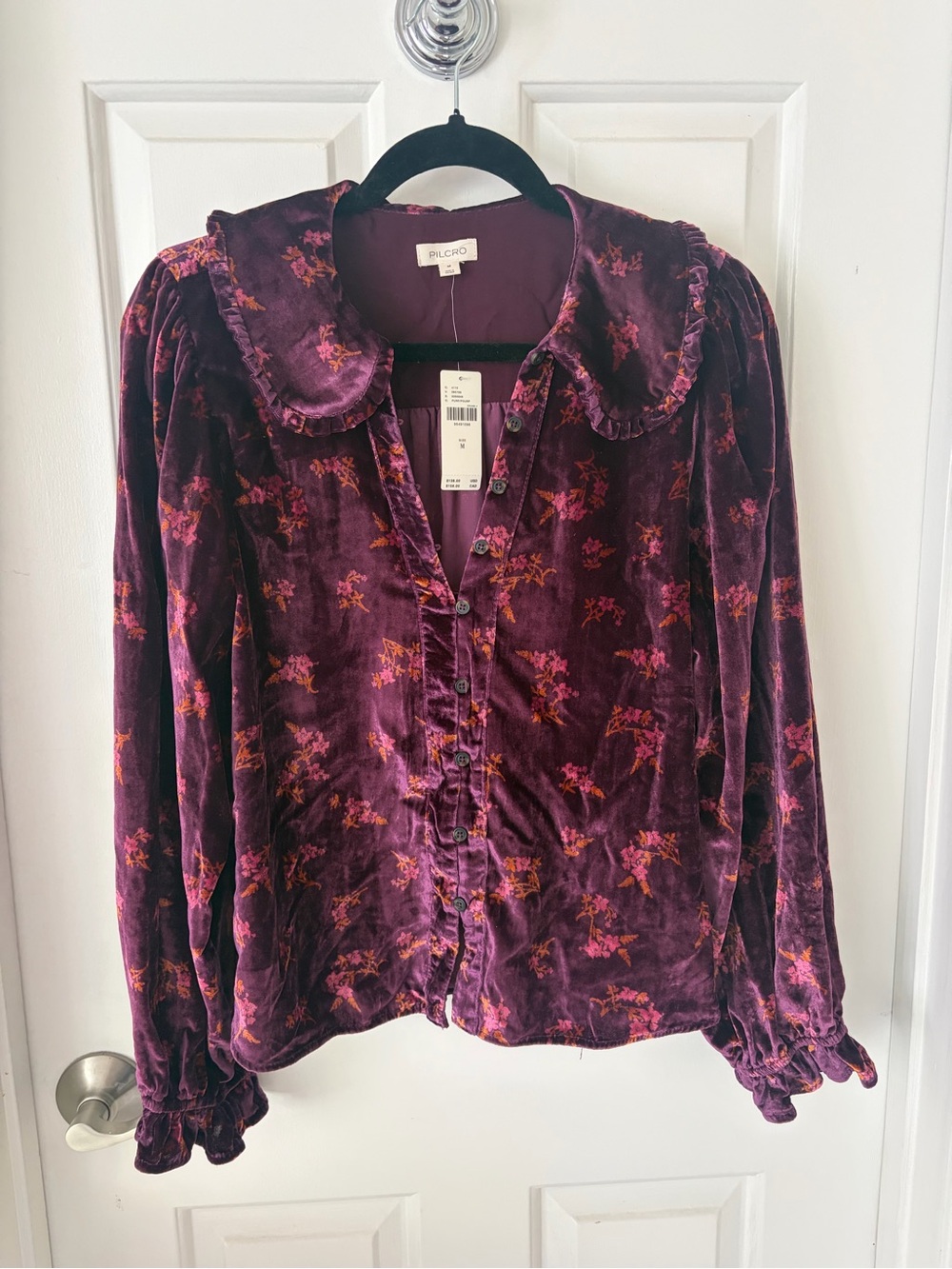 Pilcro Plum Velvet Button-Down Blouse with Floral Print